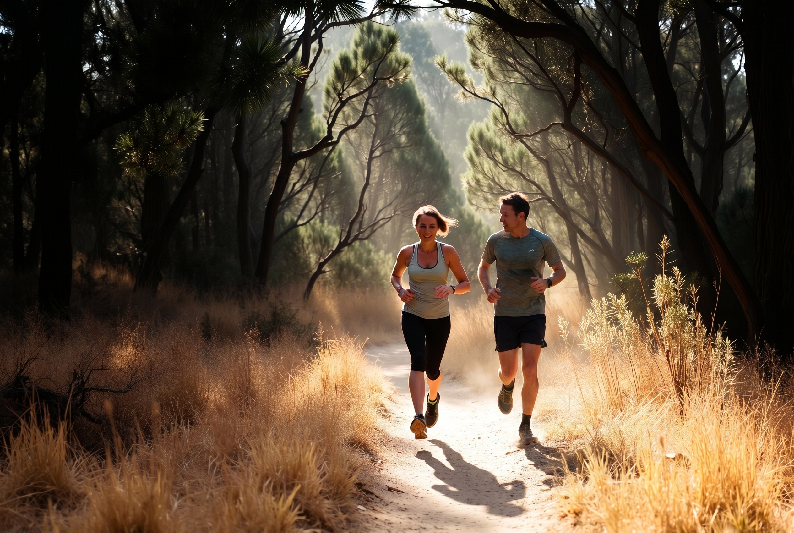 Two trail runners on a dusty single-track path through Canberra bushland at golden hour